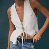 Summer Fashion New White Cotton Collar Lace Sexy Sleeveless Body-Claw Tie French Casual Vest Woman 68HZ