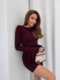 Women's Autumn High-End Thin Dress Long-Sleeved Lotus Leaves Side Fold Sexy Hottie Tight-Buty-Gum Skirt 68HZ