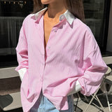 High-End Feeling With Color Stripes Loose Lady Casual Shirt Autumn And Winter Street Style Long-Sleeved Top 68HZ