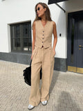 Fashion Solid Cotton Commuting V Collar Vest Trousers Two Sets Of Summer Casual Suit Women 68HZ