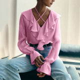 French New Lotus Leaf Side Solid Color V-Neck Bubble Sleeve Shirt 2025 Spring And Autumn Small Design Feeling 68HZ
