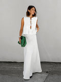 Autumn White Cotton Sexy V-Neck Sleeveless Vest Open Skirt Two-Piece Fashion Casual Suit 68HZ