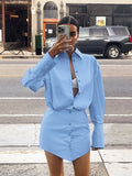 Spring And Summer Fresh Blue Loose Collar Shirt Sleeves Hip Dress Fashion Pencil Skirt 68HZ