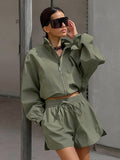 Vintage Wind Green Windy Windwear Autumn Free Small Standing Collar Long Sleeve With Open Shorts Casual Set 68HZ