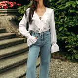 French New Lotus Leaf Side Solid Color V-Neck Bubble Sleeve Shirt 2025 Spring And Autumn Small Design Feeling 68HZ