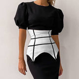 2025 Summer New Round-Neck Short-Sleeved Temperament Commuting Height Waist Bubble Sleeve Dress Women's Bag And Hip Dress 68HZ