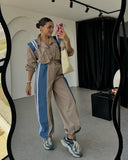 Small Design Feel Denim Spliced Striped Workwear Set Women's High-End Straight Trousers High-End Two Sets 68HZ