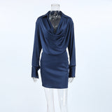 Autumn And Winter Elegant Blue Temperament Soft And Dumb Color Butt Irregular Collar Long Sleeves Short Dress Dress Woman 68HZ