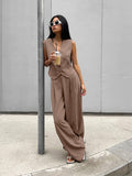 Sexy Temperament Wide Shoulder Strap V-Neck Sleeveless Vest Mid-Sleeves Wide-Footed Trousers Two-Set Autumn Casual Suit 68HZ
