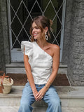 French Retro Temperament Collared Shoulder Design Short Cotton White Summer Lotus Leaf Side Vest Woman 68HZ