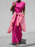 Summer Temperament Lazy Leisure Loose Solid Color Knitted Round Necker Shoulder Sleeve Short Sleeve Straight Dress Open Skirt 68HZ