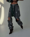 Naughty Graffiti-Smaught Jeans Women's Spring And Summer New Loose Straight Trousers Trendy Personality Hole-Hole Broad Leggings 68HZ