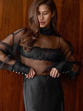 Sexy Perspective Mesh High-End Feeling Long-Sleeved Shirt 2025 Spring And Summer Fashion New Top Lady 68HZ