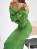 Sexy One-Word Shoulder Knitted Dress 2025 Autumn New Texture Temperament Body-Body-Bismed Fishtail Dress 68HZ