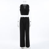 Summer Fashion Design Feel Sleeveless V Collar Umbilion Short Waist Broad-Footed Trousers Temperament Casual Takts Suit Woman 68HZ