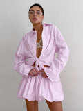 Pink Striped Cardigan Long-Sleeved Shirt Top Loose Folded Skirt Two Sets Of Summer Comfortable Fresh Suit Woman 68HZ