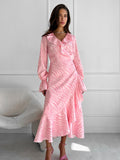 Gentle Wind Pink Temperament Lotus Leaf Side V Collar Sleeve Fishtail Dress Autumn Lace Long Skirt 68HZ