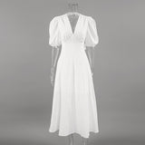 2025 New Women's French Cotton-Dense V. Collar Bubble Sleeve Strap Bow Dress High Sense 68HZ