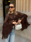 Spring New Women's Design Sense Round-Neck Lotus Leaf Sleeves Gentle Wind Loose Chiffon Shirt 68HZ