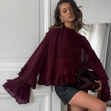 Brown Chiffon Small Collar Lotus Side Horn Sleeve Shirt 2025 Spring And Summer Fashion New Top Woman 68HZ