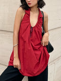 Summer Fashion Elegant Loose Hanging Neck Bare Back Temperament Red Cotton Dress Temperament Short Dress Girl 68HZ