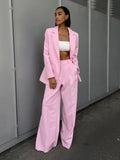 French Casual Long-Sleeved Blouse Wide-Footed Trouser Set Pink Autumn New Women's Two-Set 68HZ