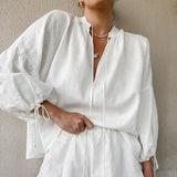 Fashion Cotton Hemp Solid Color Loose V-Neck Lantern Sleeve Shorts Two Sets Of Summer Sexy Tie High-Waisted Suit 68HZ