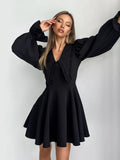 Spring 2025 Black Design Doll Collar Horn Sleeve French Long-Sleeved Dress Dress Dress Dress Dress Women 68HZ