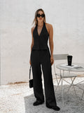 Summer Explosion Pure Color Fashion Casual Set Cotton Sleeveless Hanging Neck Top High Waist Trousers Two Sets Of Women 68HZ