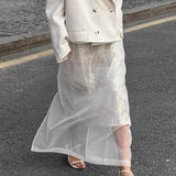 Autumn French Classic Fashion Sexy Perspective White Mesh High-Waisted Straight Straight-Up Open Skirt Woman 68HZ