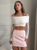 2025 Spring And Summer White Fashion Lace Top New Lady's Shoulder Long-Sleeved T-Shirt 68HZ