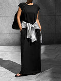 Summer Temperament Lazy Leisure Loose Solid Color Knitted Round Necker Shoulder Sleeve Short Sleeve Straight Dress Open Skirt 68HZ