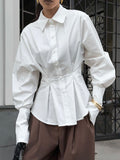 Court-Style White Cotton Shirt Female High-End Luxury Folding Waist Long-Sleeved Collar Shirt 68HZ