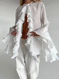 White Chiffon Design Round Collar Horn Sleeve Lotus Leaf Side Women's Shirt 2025 Spring And Summer New Fashion Woman 68HZ