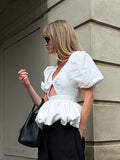 Design V-Neck Bubble Sleeve Temperament Bow Short-Sleeved Hollow Shirt Summer Fashion Commuting Top Woman 68HZ