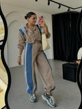 Small Design Feel Denim Spliced Striped Workwear Set Women's High-End Straight Trousers High-End Two Sets 68HZ
