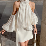2026 Spring French Temperament Hanging Neck To Lead Long-Sleeved Hair Dress Girl Niche Design Feel Gold And Silver Silk Shirt 68HZ