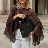 Spring New Women's Design Sense Round-Neck Lotus Leaf Sleeves Gentle Wind Loose Chiffon Shirt 68HZ