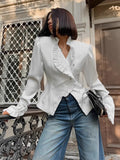 Spring 2025 New Lotus Leaf Side Long Sleeves Open-Shirt Court Style Blouse Ear Woman 68HZ