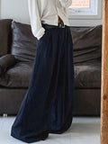 Lazy Style Retro Stripes Tibetan Cyan Loose Broad Leg Pants Female Design With High Waist Casual Mop Trousers 68HZ