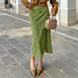 Vintage Green Velvet Straight Straight High Waist Skirt 2025 Autumn Frosted Velvet New Body Dress 68HZ