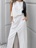 White Cotton Sleeveless Vest Forked Skirt Set 2025 Spring And Summer Fashion New Two-Piece Set 68HZ