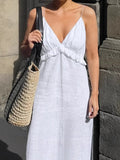 Sexy White Cotton Tame V-Neck Lotus Leaf Side Loose Sling Dress 2025 Spring And Summer New Holiday Dress 68HZ