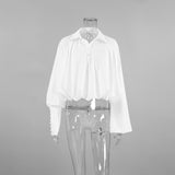 White Collar Sexy Open-Navel Design Sense Asymmetric Sleeve Shirt 2025 Autumn Fashion New Top 68HZ