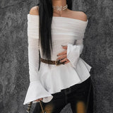 Autumn New Pure Windy Lotus Leaf Side Horn Sleeve Niche Sexy Hottie One-Word Shoulder 68HZ
