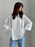 2025 Autumn Dress Simple Elegant French Cotton Collar Shirt Women Loose White Bottom Bubble Sleeve Shirt 68HZ