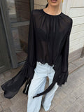 Chiffon Shirt Women's Black Mesh Irregular Niche Design Round Neck Lotus Leaf Sleeve Long Sleeve Top 68HZ