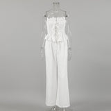 2025 Summer Cotton High-End Wood Ear Drawstring Wrinkle Vest Sling Broad Leg Pants Two Sets 68HZ