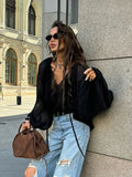 Autumn And Winter Sexy Design Feeling Micro-Permeable Chiffon Black Mystery Loose V-Neck Shoulder Sleeves With Niche Tie Shirt 68HZ