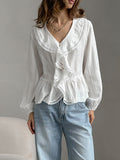French White Jabs Pure Cotton Leaves Edge V-Neck Shirt 2025 Summer Fashion New Top Woman 68HZ